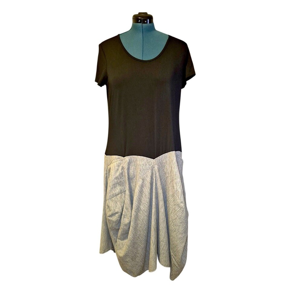 PURE Essence Womens Jersey Knit SS Linen Stretch Bubble Skirt Dress Pockets L